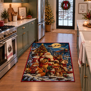 Santa with woodland animals around a tree and gifts area rug, holiday room view 3