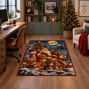 Santa with woodland animals around a tree and gifts area rug, holiday room view 4
