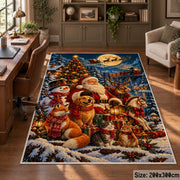 Santa with woodland animals around a tree and gifts area rug, holiday room view 5