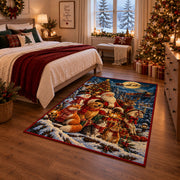 Santa with woodland animals around a tree and gifts area rug, holiday room view 6