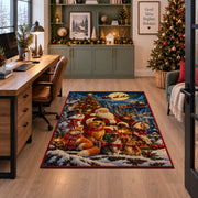 Santa with woodland animals around a tree and gifts area rug, holiday room view 7