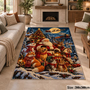 Santa with woodland animals around a tree and gifts area rug, holiday room view 8