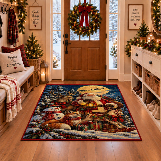 Santa holding a lantern beside deer, fox and snowman area rug, holiday room view 1