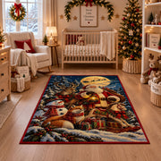 Santa holding a lantern beside deer, fox and snowman area rug, holiday room view 10