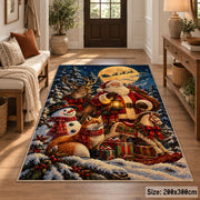 Santa holding a lantern beside deer, fox and snowman area rug, holiday room view 2