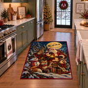 Santa holding a lantern beside deer, fox and snowman area rug, holiday room view 3