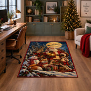 Santa holding a lantern beside deer, fox and snowman area rug, holiday room view 4
