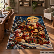 Santa holding a lantern beside deer, fox and snowman area rug, holiday room view 5