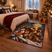 Santa holding a lantern beside deer, fox and snowman area rug, holiday room view 6