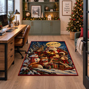 Santa holding a lantern beside deer, fox and snowman area rug, holiday room view 7