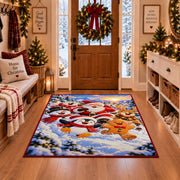 Santa and cheerful snowmen in bright snowy woodland area rug, holiday room view 1