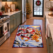 Santa and cheerful snowmen in bright snowy woodland area rug, holiday room view 3