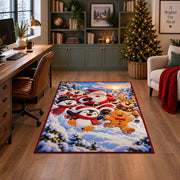 Santa and cheerful snowmen in bright snowy woodland area rug, holiday room view 4
