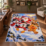 Santa and cheerful snowmen in bright snowy woodland area rug, holiday room view 5