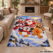 Santa and cheerful snowmen in bright snowy woodland area rug, holiday room view 8