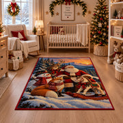Santa with deer, fox and snowman beside his sleigh area rug, holiday room view 10