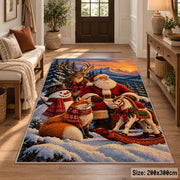Santa with deer, fox and snowman beside his sleigh area rug, holiday room view 2