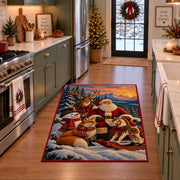 Santa with deer, fox and snowman beside his sleigh area rug, holiday room view 3