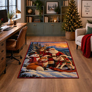 Santa with deer, fox and snowman beside his sleigh area rug, holiday room view 4