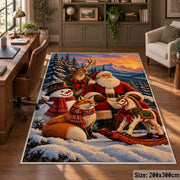 Santa with deer, fox and snowman beside his sleigh area rug, holiday room view 5