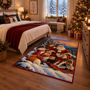 Santa with deer, fox and snowman beside his sleigh area rug, holiday room view 6