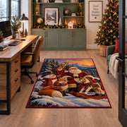 Santa with deer, fox and snowman beside his sleigh area rug, holiday room view 7