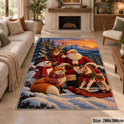 Santa with deer, fox and snowman beside his sleigh area rug, holiday room view 8