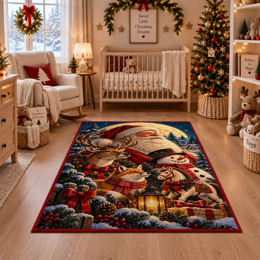Santa and reindeer beneath moonlight with pine branches area rug, holiday room view 10