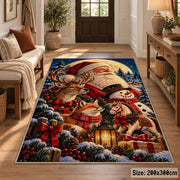 Santa and reindeer beneath moonlight with pine branches area rug, holiday room view 2