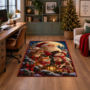 Santa and reindeer beneath moonlight with pine branches area rug, holiday room view 4