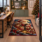 Santa and reindeer beneath moonlight with pine branches area rug, holiday room view 7