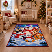snowman, penguin, gingerbread and reindeer in colorful winter snow area rug, holiday room view 10