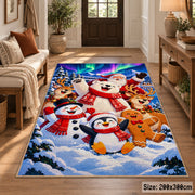 snowman, penguin, gingerbread and reindeer in colorful winter snow area rug, holiday room view 2