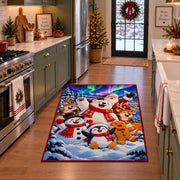 snowman, penguin, gingerbread and reindeer in colorful winter snow area rug, holiday room view 3