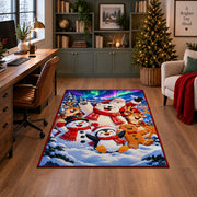 snowman, penguin, gingerbread and reindeer in colorful winter snow area rug, holiday room view 4