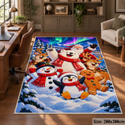 snowman, penguin, gingerbread and reindeer in colorful winter snow area rug, holiday room view 5