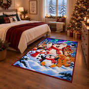 snowman, penguin, gingerbread and reindeer in colorful winter snow area rug, holiday room view 6