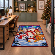snowman, penguin, gingerbread and reindeer in colorful winter snow area rug, holiday room view 7