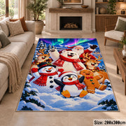 snowman, penguin, gingerbread and reindeer in colorful winter snow area rug, holiday room view 8