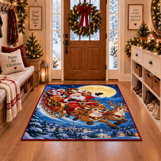 Santa flying in sleigh over a snowy village area rug, holiday room view 1