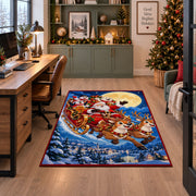Santa flying in sleigh over a snowy village area rug, holiday room view 7