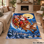 Santa flying in sleigh over a snowy village area rug, holiday room view 8
