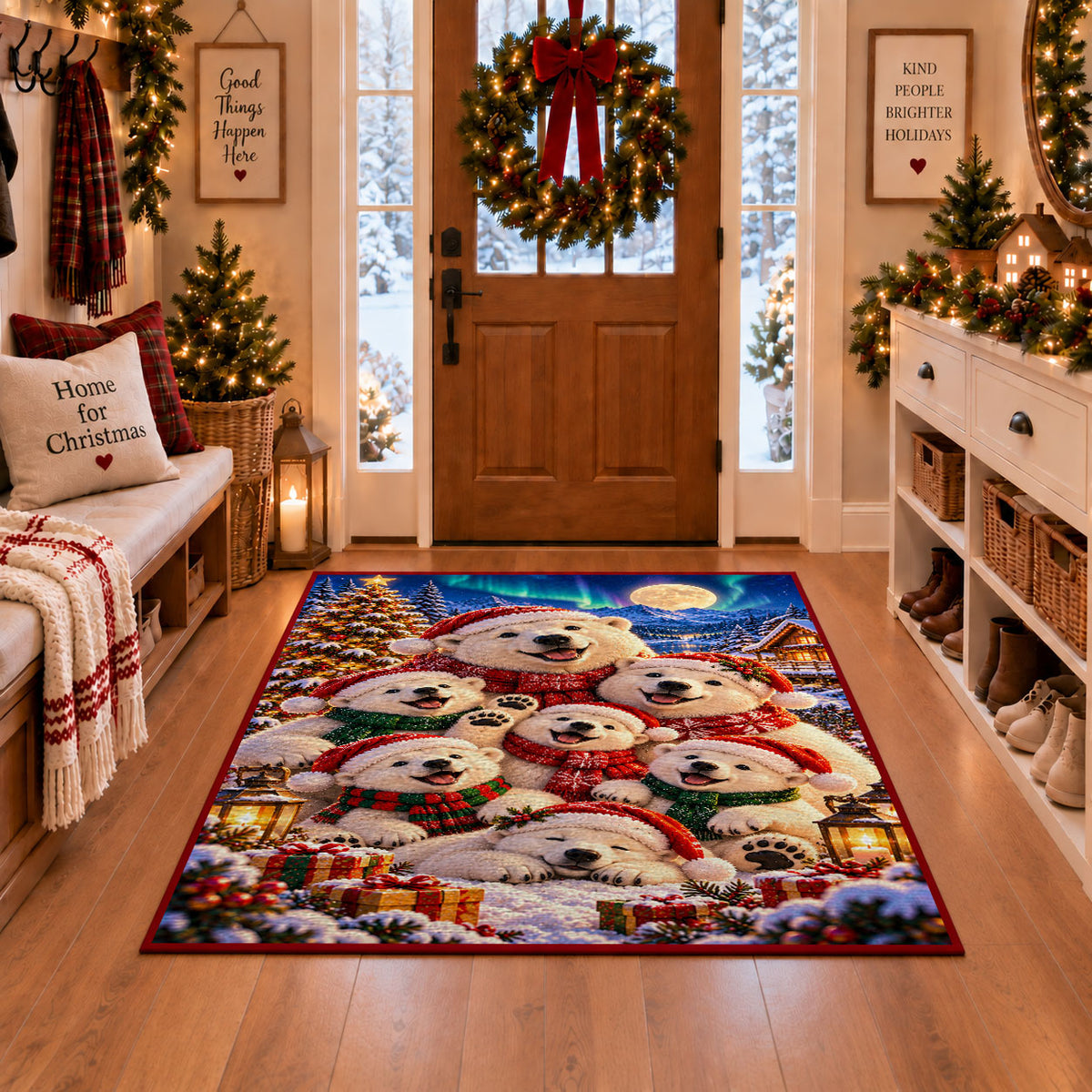 fluffy white puppies wearing winter hats around presents area rug, holiday room view 1