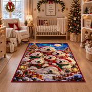 fluffy white puppies wearing winter hats around presents area rug, holiday room view 10