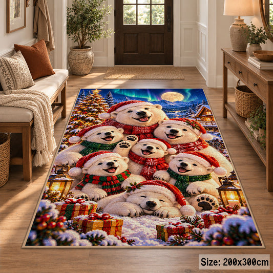 fluffy white puppies wearing winter hats around presents area rug, holiday room view 2