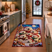 fluffy white puppies wearing winter hats around presents area rug, holiday room view 3