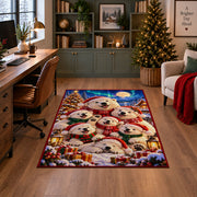 fluffy white puppies wearing winter hats around presents area rug, holiday room view 4