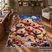 fluffy white puppies wearing winter hats around presents area rug, holiday room view 5