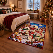 fluffy white puppies wearing winter hats around presents area rug, holiday room view 6