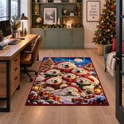 fluffy white puppies wearing winter hats around presents area rug, holiday room view 7